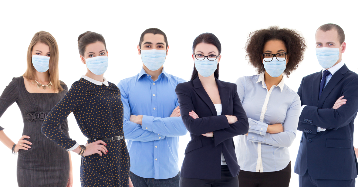 Group of business professionals wearing medical masks.