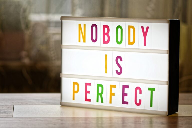 Light up sign with Nobody is Perfect on in in colorful letters.