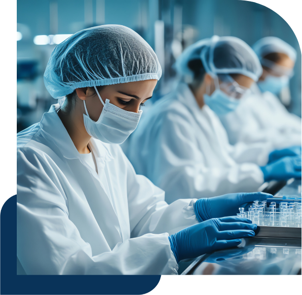 Aseptic manufacturing team working in a sterile clean room environment as part of a bioprocessing workforce, highlighting aseptic manufacturing recruiting needs.