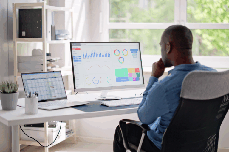 Talent acquisition professional using an AI recruiting platform to analyze candidate data.