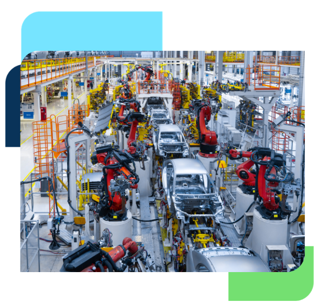 Automated automotive manufacturing assembly line with robotic arms assembling vehicle bodies in a modern factory.