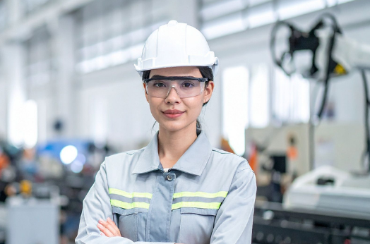 Manufacturing employee wearing a hard hat and safety glasses standing with arms crossed in a modern production facility.